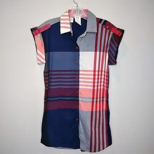 Nara Camicie Red White & Blue Button Front Short Roll Tab Sleeve Plaid Tunic Med
